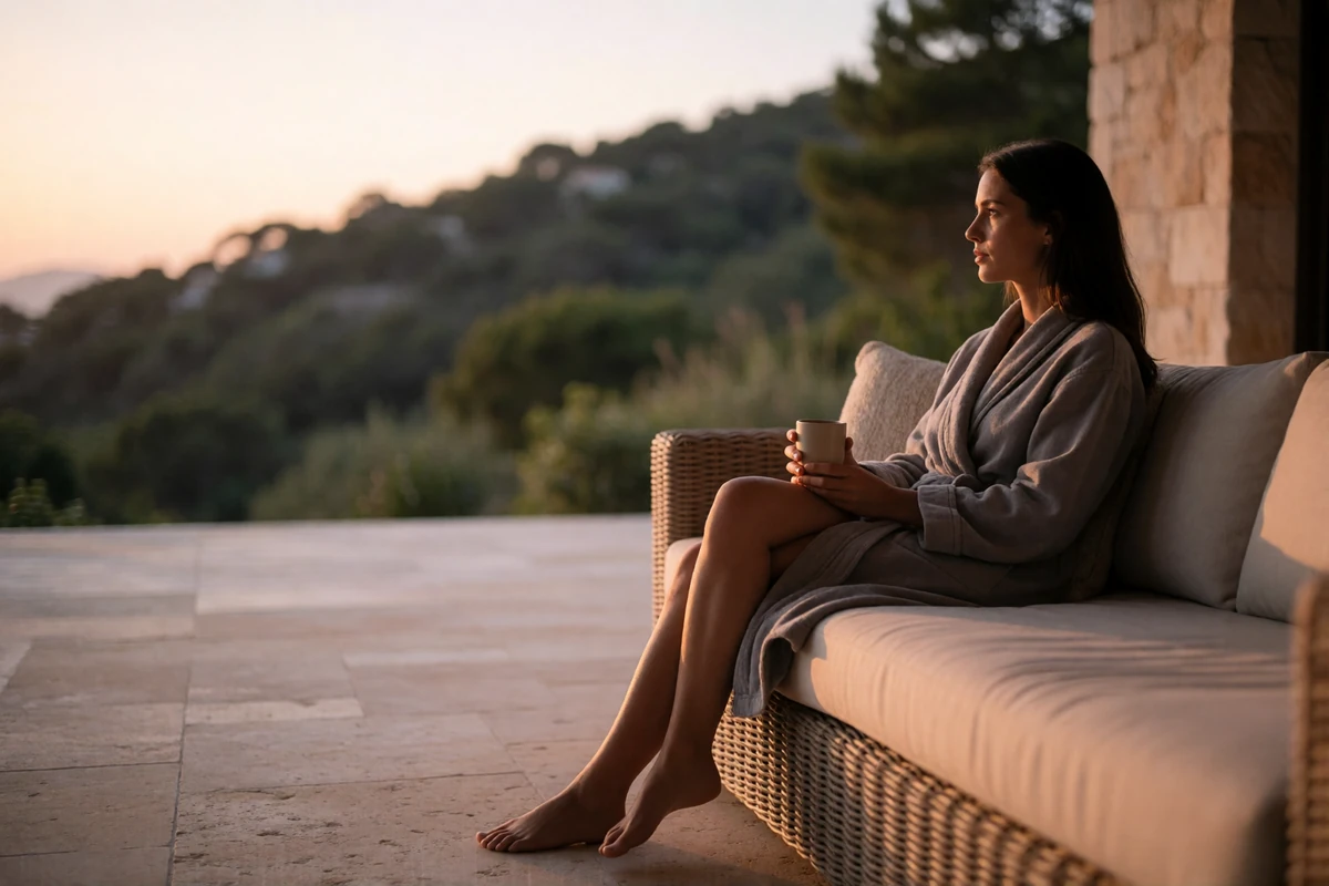 Woman in a grey robe relaxing on a sunlit outdoor terrace with a hillside view, illustrating a private, unhurried morning for sugar mama members