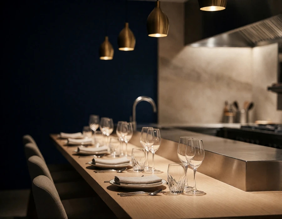 Refined tasting-menu dining room with a chef's counter, crystal stemware and warm pendant lighting