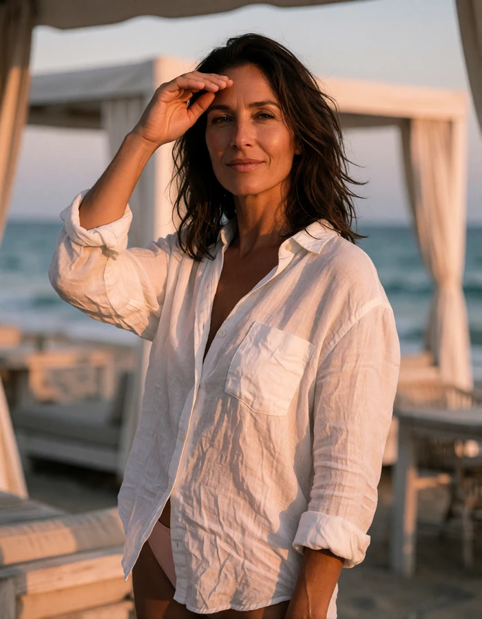 Confident sun-kissed woman in a white linen shirt at a beach club terrace, an illustrative cougar dating profile portrait