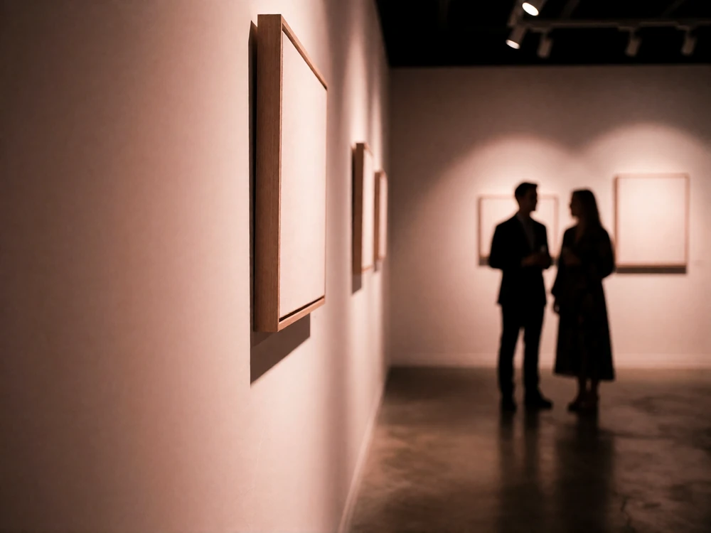 Contemporary art gallery interior at night with warm track lighting on a polished concrete floor