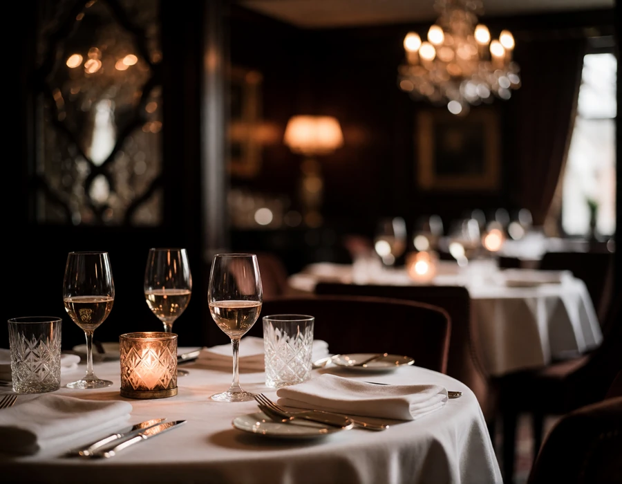 Elegant round dining table set for two with white linen and crystal glassware in a dim Nashville restaurant