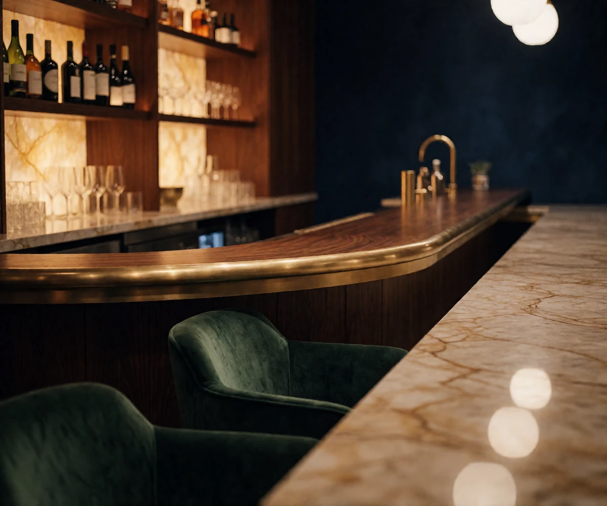 Dimly lit upscale hotel cocktail bar interior in Atlanta with a walnut counter and warm amber lighting