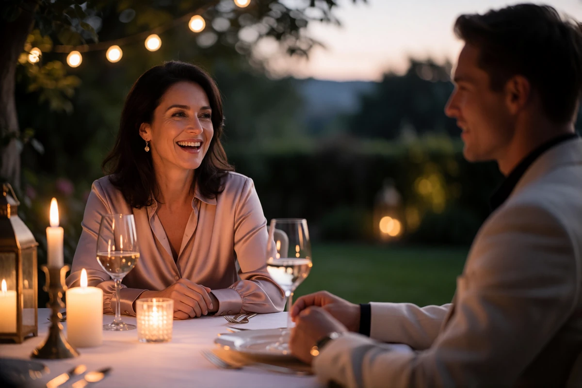 Elegant woman laughing at a candlelit terrace table across from a younger man in a light jacket during an evening date