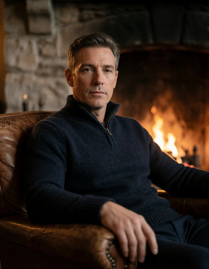 Man in his forties in a cashmere sweater seated by a stone fireplace, an illustrative Denver member portrait