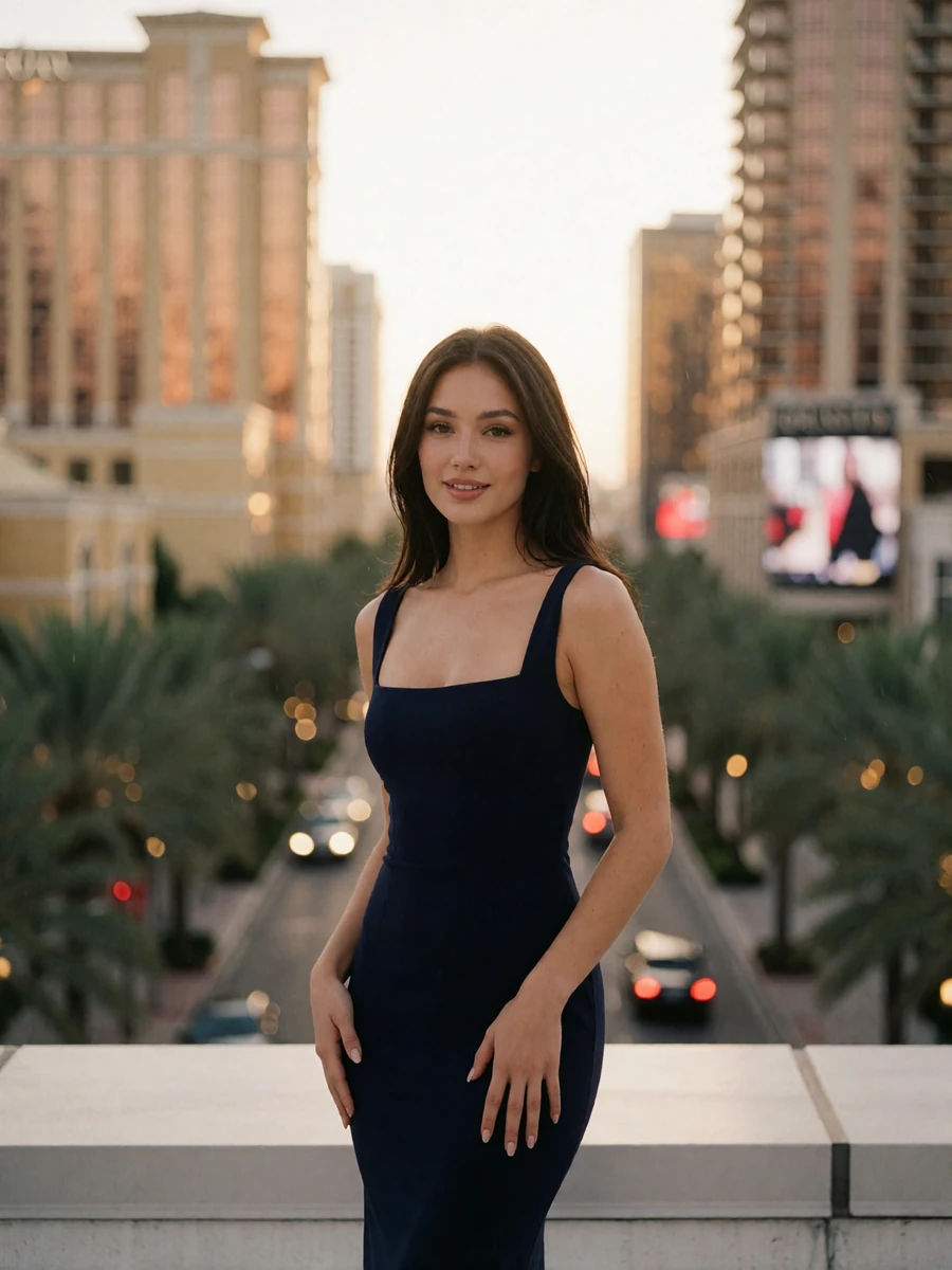 Woman with long dark hair in a midnight-blue evening dress on a rooftop terrace overlooking Orlando, an illustrative member profile portrait