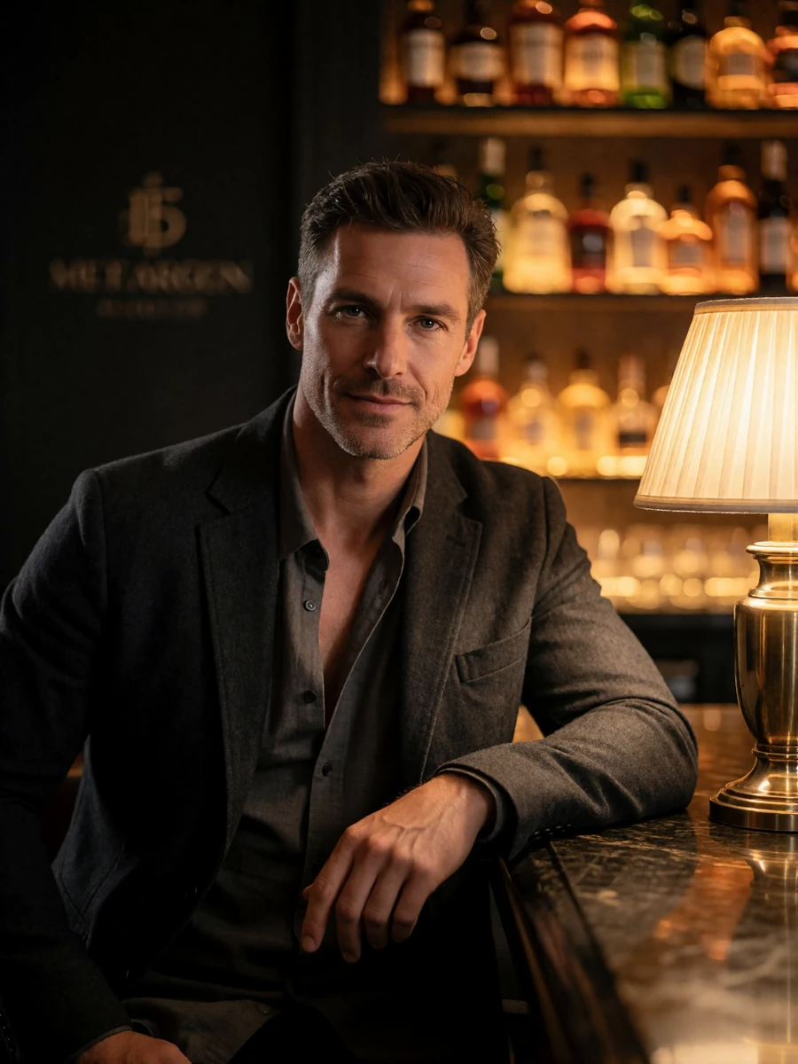 Man in a charcoal jacket at an upscale bar counter, an illustrative Orlando member profile portrait