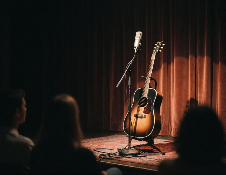 Intimate stage with an acoustic guitar and vintage microphone under warm spotlight in a private Nashville listening room