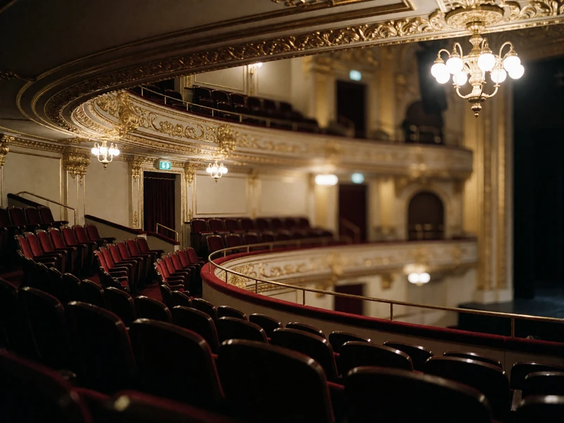 Gilded balcony interior of a grand Manhattan concert hall with tiered seating and a glowing chandelier