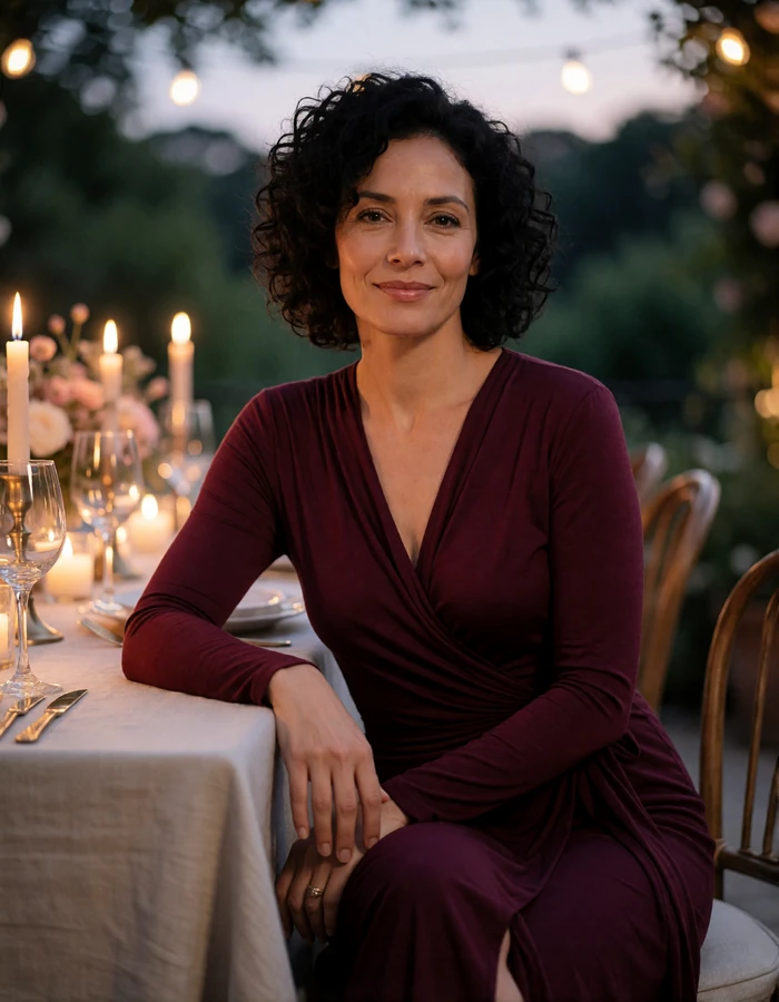 Woman in a burgundy wrap dress at a candlelit terrace dinner table, an illustrative sugar mama profile portrait