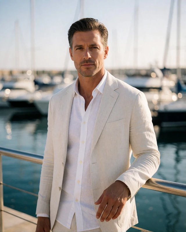 Fit man in a white shirt and linen jacket at a marina, an illustrative sugar baby member profile portrait
