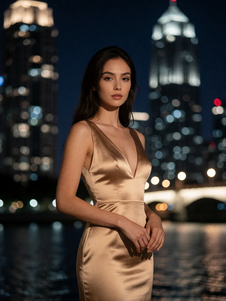 Woman in a deep-gold satin evening dress against a blurred Chicago night skyline, an illustrative Chicago member profile portrait