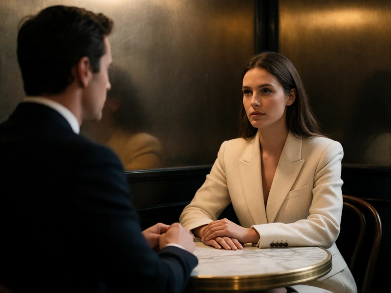 Woman in a tailored cream blazer in calm conversation across a marble café table