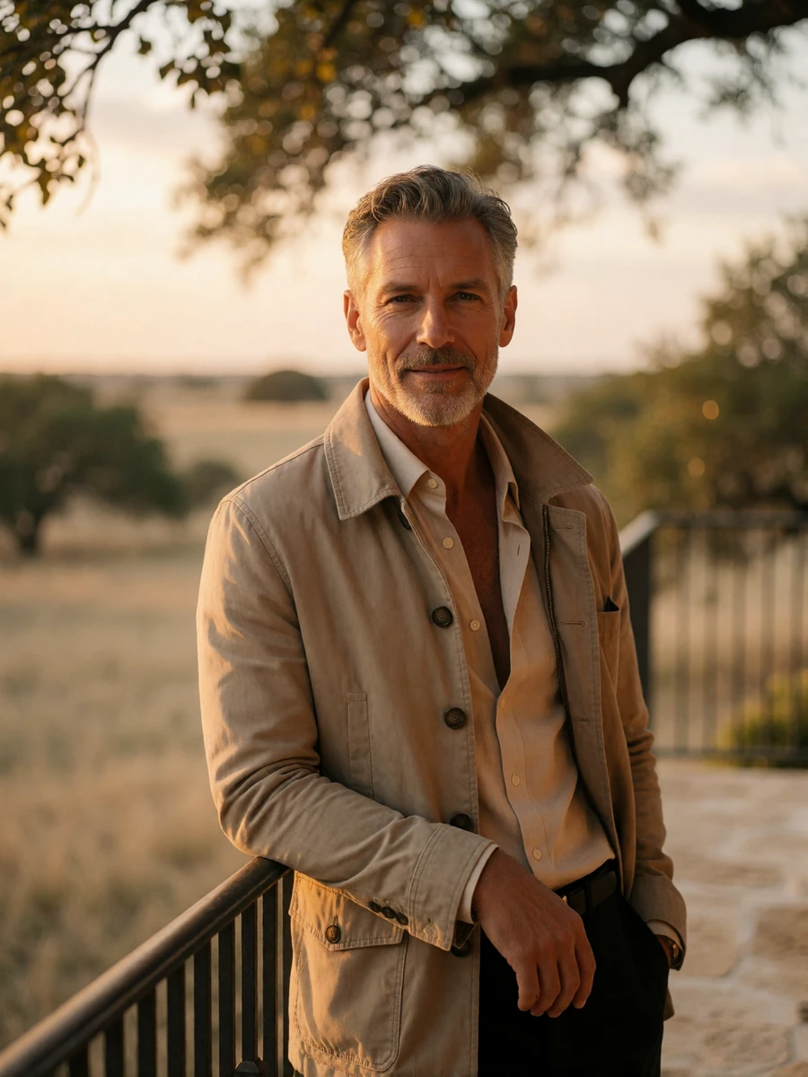 Man in a stone-colored jacket smiling on a limestone terrace, an illustrative Dallas member profile portrait