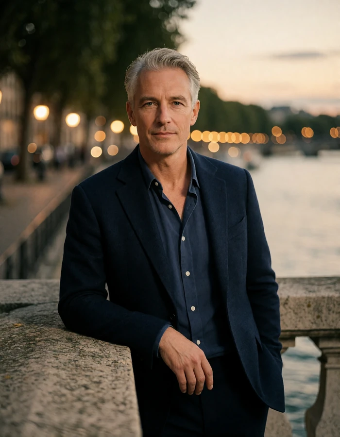 Man with silver-flecked hair in a navy blazer resting a hand on a stone terrace ledge, an illustrative San Antonio member profile portrait