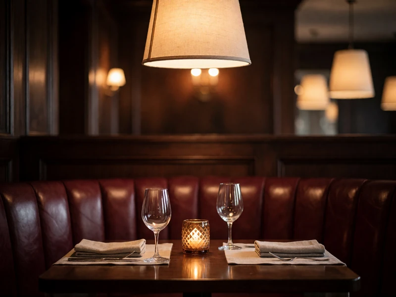 Private leather booth set for two in an upscale Uptown Dallas steakhouse with a single candle glowing