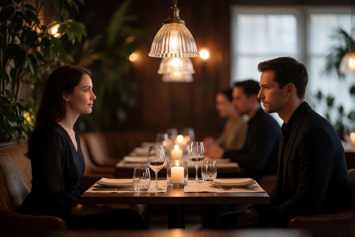 Woman and man seated at an upscale restaurant table in warm evening light, an illustrative first-date scene
