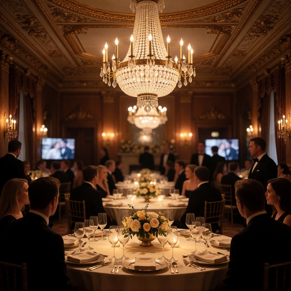 Black-tie gala dinner beneath a crystal chandelier, reflecting the social world SugarDating members move in