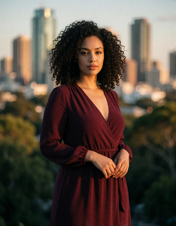 Woman with voluminous dark curls in a burgundy wrap dress, an illustrative Atlanta member profile portrait