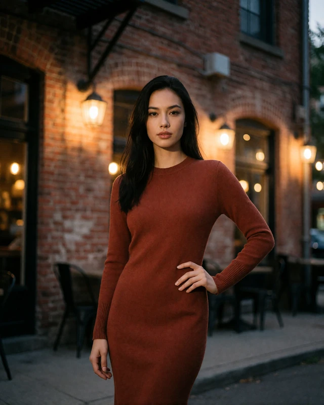 Woman with long dark hair in a rust-toned midi dress, an illustrative Pearl District member profile portrait