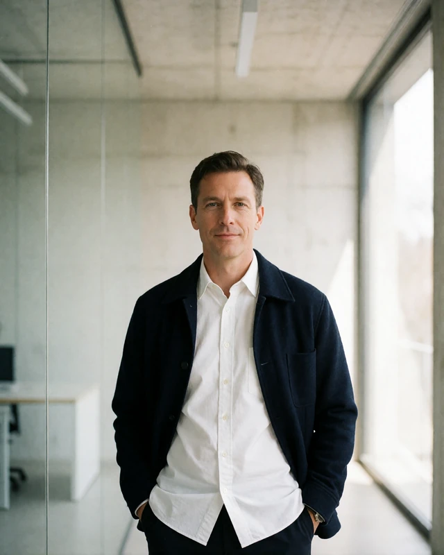 Man in a white shirt and navy jacket in a minimalist glass office, an illustrative Los Angeles member profile portrait