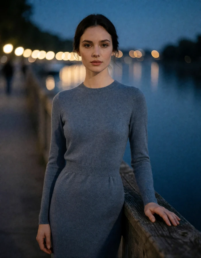 Woman with a dark chignon in a slate-grey knit dress on a riverside promenade at blue hour, an illustrative member profile portrait