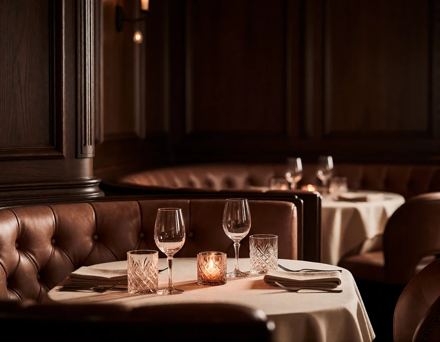 Curved leather booth with a set table for two and a low amber candle in a wood-panelled steakhouse dining room