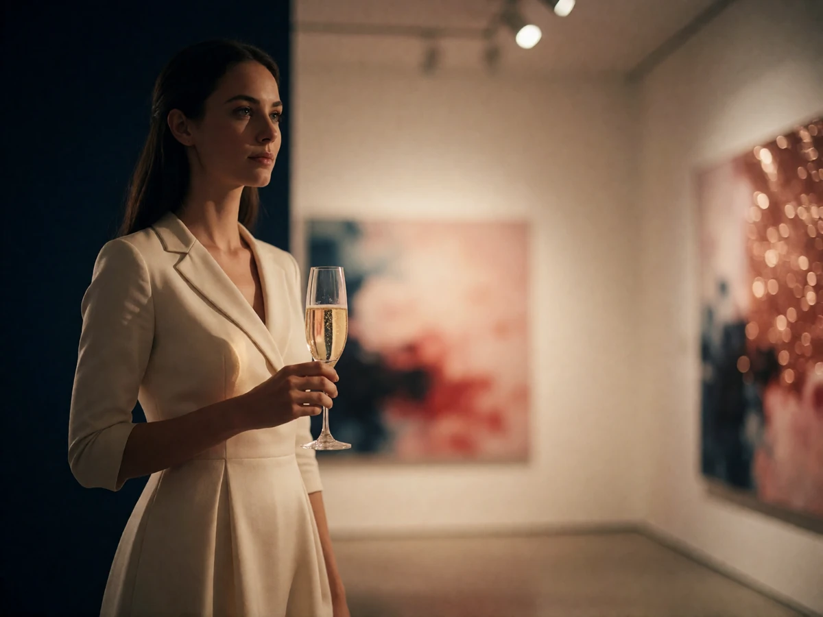 Woman in a cream dress holding a champagne flute at a softly lit Chicago art gallery opening