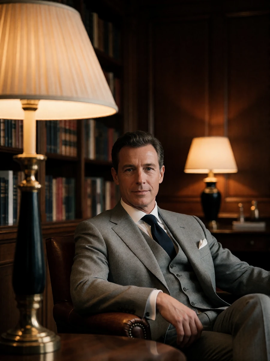 Distinguished man in a grey three-piece suit seated in a leather club chair inside a wood-panelled library lounge, an illustrative Boston member profile portrait