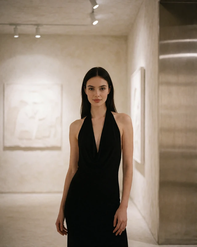 Woman with dark hair in a sleek black halter dress, an illustrative Arts District Dallas member profile portrait