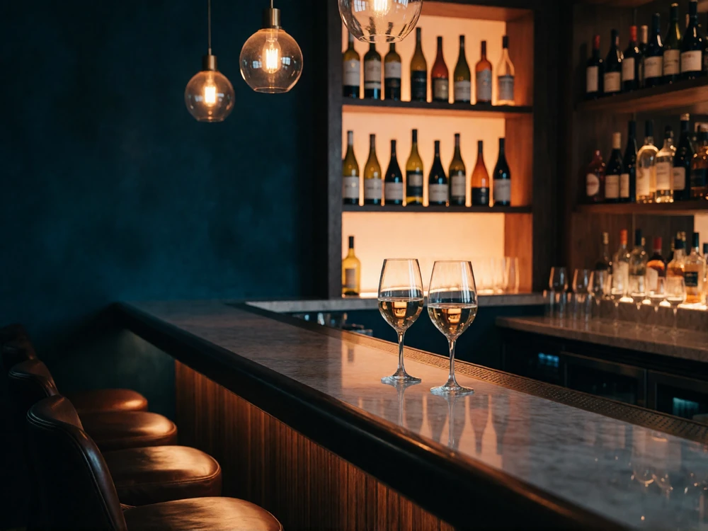 Intimate wine lounge with a backlit bottle wall and leather stools at a marble bar counter