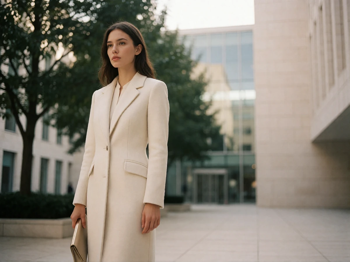 Composed young woman in a tailored ivory coat standing in the Houston Museum District, an illustrative sugar baby member portrait