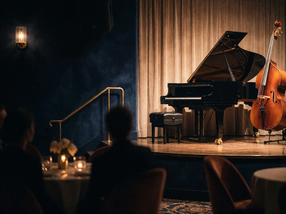 Intimate Chicago jazz club stage lit by warm amber spotlights with a grand piano and empty velvet chairs