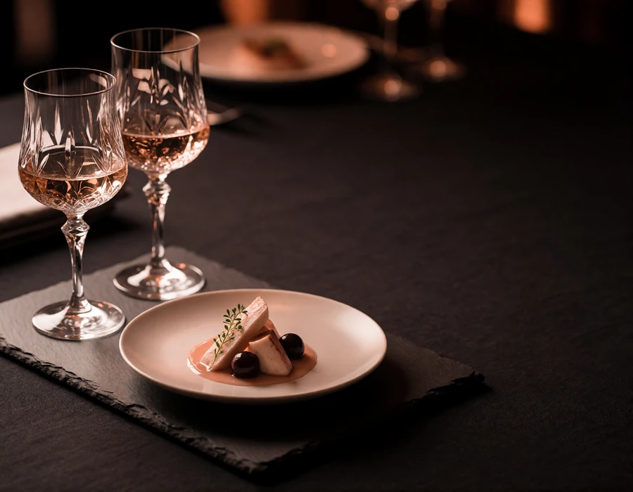 Minimalist plated tasting course on a slate board with crystal wine glasses in a warmly lit dining room