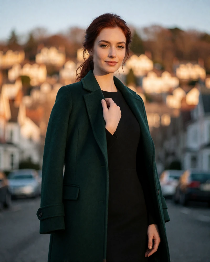 Woman with auburn hair in a forest-green coat on a hillside street in Seattle, an illustrative member profile portrait