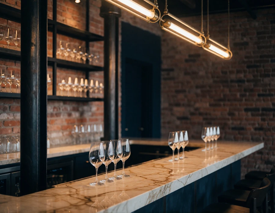 Converted brewery wine bar with exposed brick and a marble tasting counter in the Pearl District