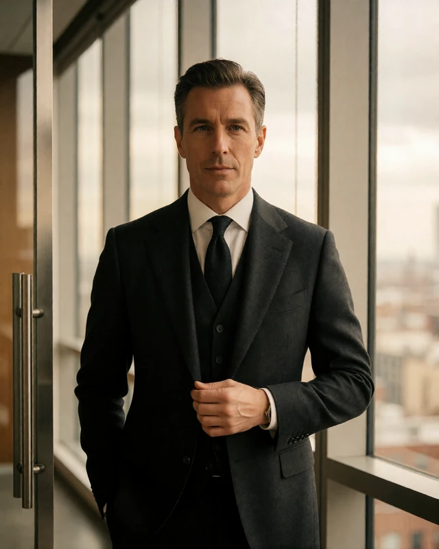 Distinguished man in a charcoal three-piece suit in a Houston office, an illustrative sugar baby member profile portrait