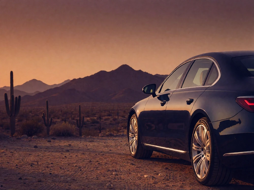 Luxury sedan parked at a scenic desert overlook with layered mountain ridges at sunset