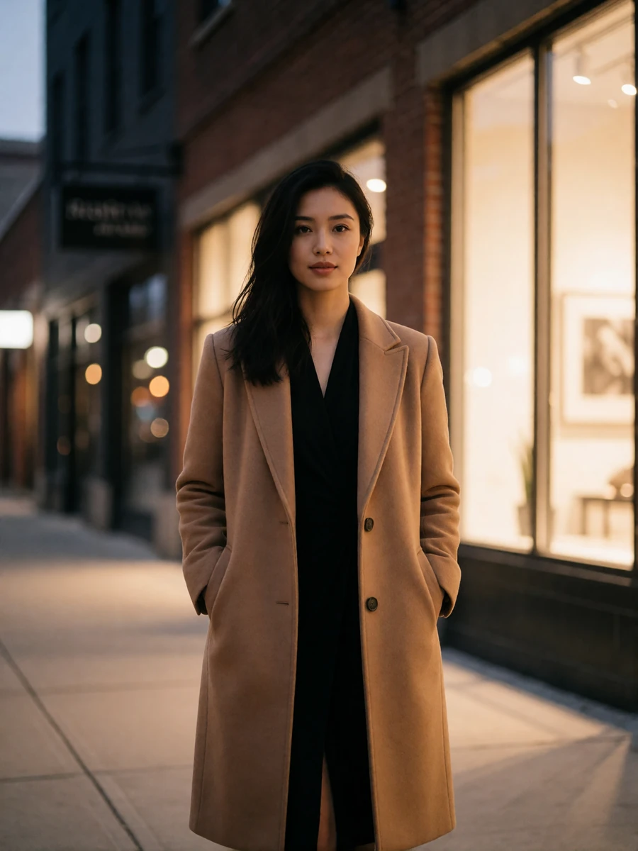 Woman with dark hair in a camel wool coat standing on a Mass Avenue arts-district sidewalk in the evening
