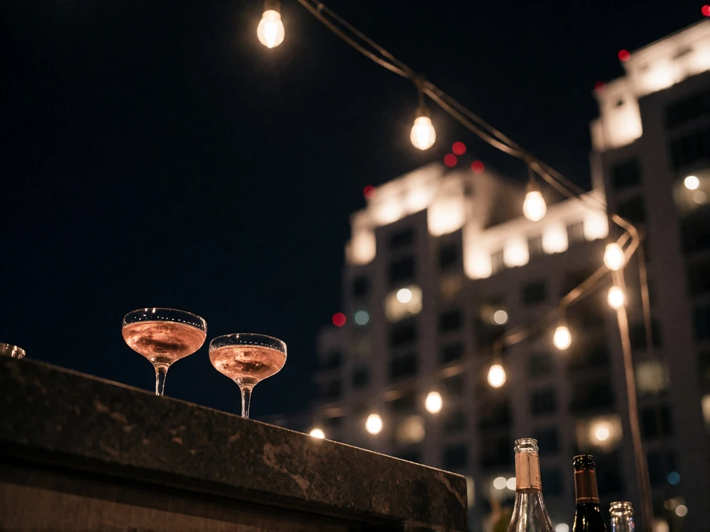 Downtown San Diego rooftop bar at night with warm string lights and a skyline view