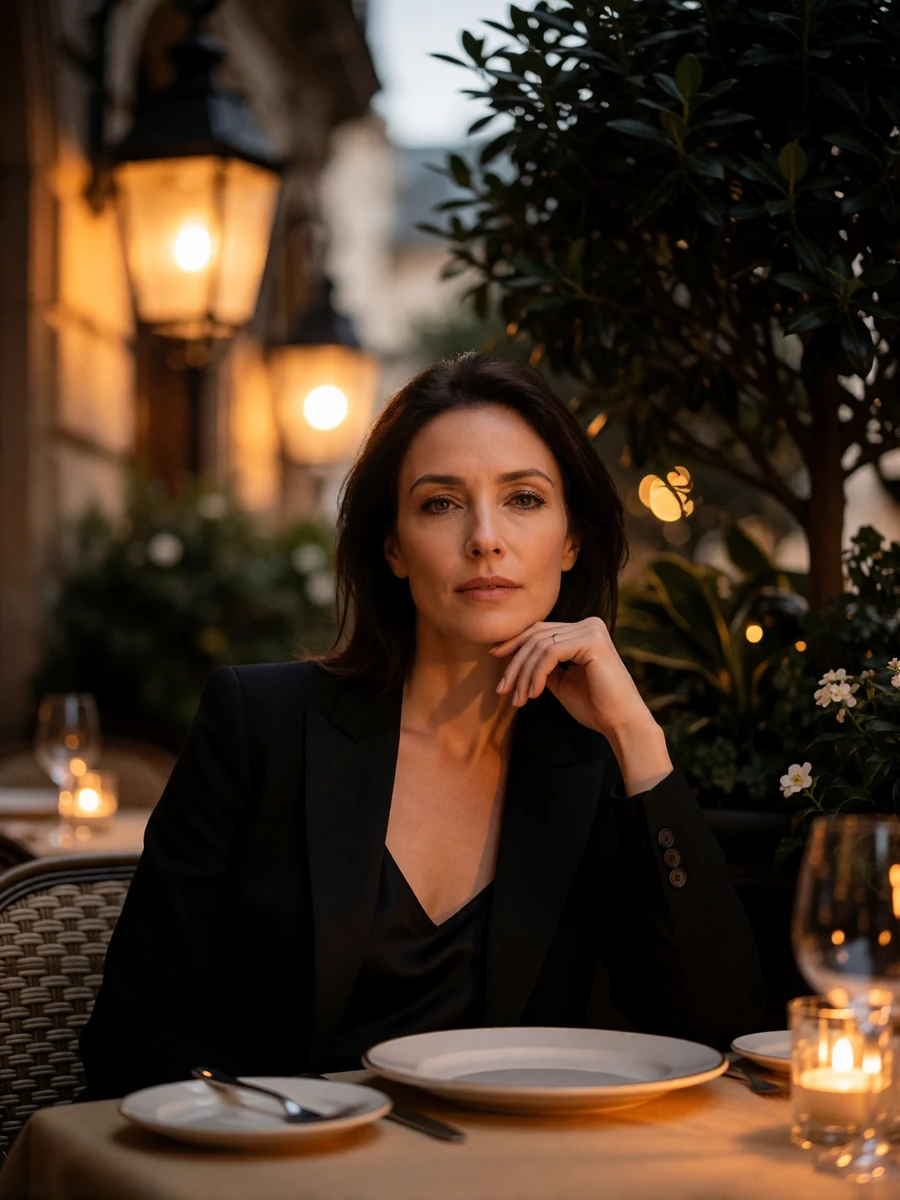 Woman in a black tailored blazer at an outdoor restaurant terrace in the evening, an illustrative Miami cougar dating member profile portrait