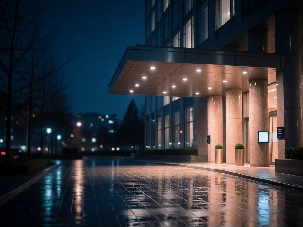 Modern hotel entrance canopy in Bellevue with warm lighting and wet reflective paving at night