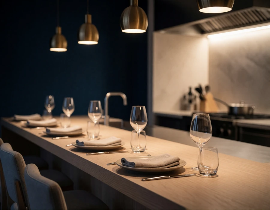 Intimate chef's counter dining space with pale oak bar and warm open kitchen