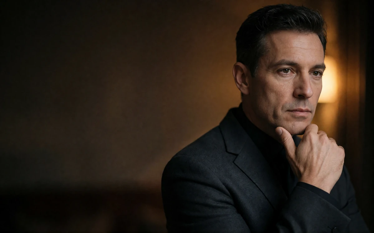 Composed man in a charcoal suit at a dimly lit table, setting the tone for a first date at a fine dining venue