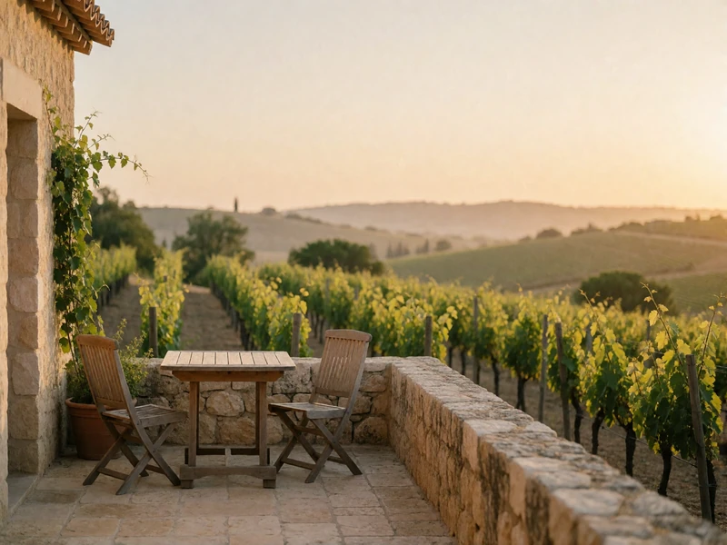 Stone vineyard terrace overlooking rolling Hill Country hills in late-afternoon light