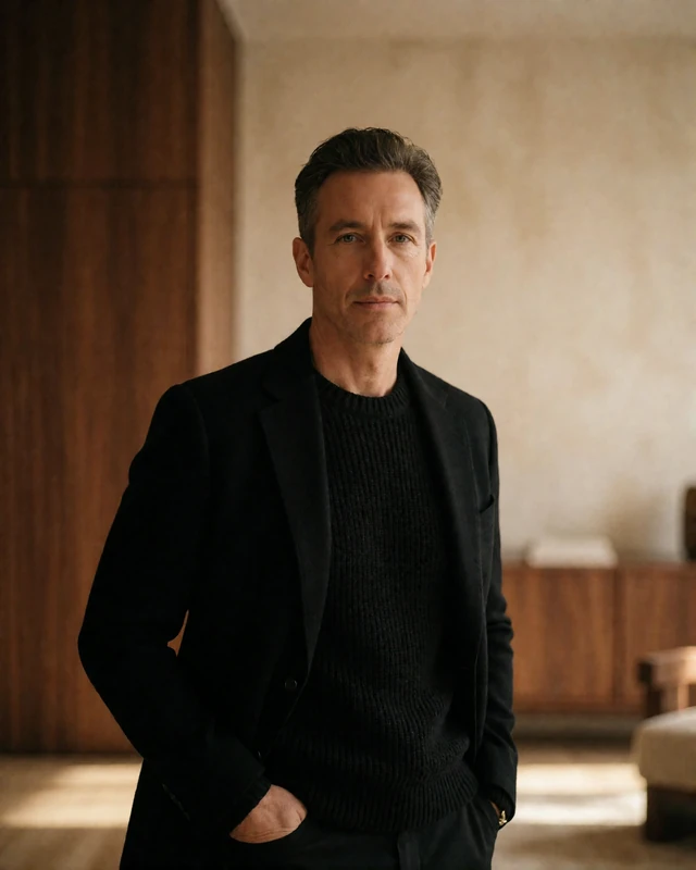 Composed man in a black knit sweater and jacket in a warm modern interior, an illustrative Los Angeles member profile portrait