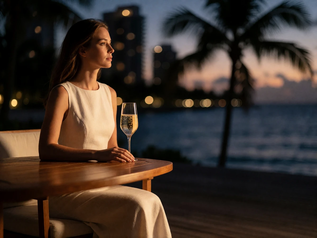 Elegant woman at an open-air waterfront dining terrace overlooking the water at dusk in Miami