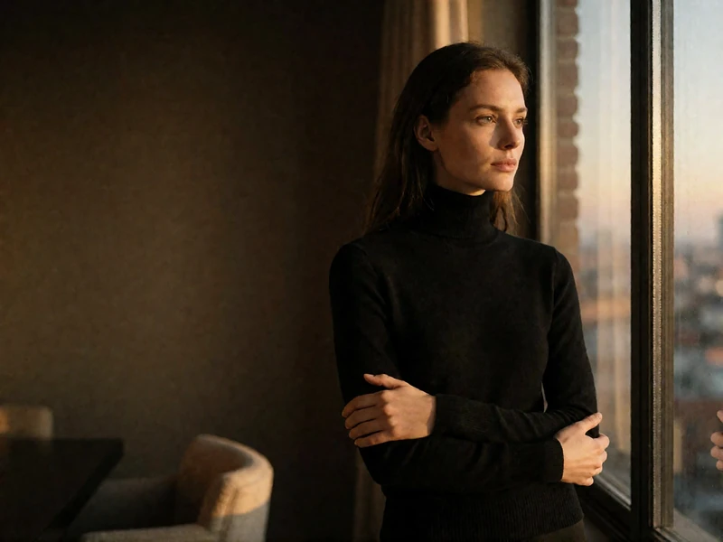 Woman in a black turtleneck standing beside a tall window in a minimal penthouse study, looking outward