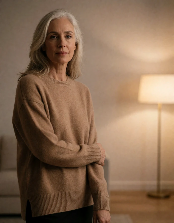 Elegant silver-blonde woman in a cashmere sweater in a softly lit living room, an illustrative sugar momma profile portrait