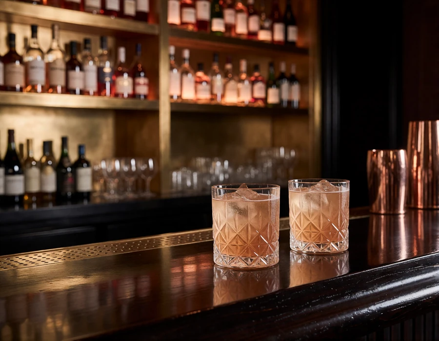 Polished cocktail bar with amber drinks and brass shelving, a Columbus rooftop lounge setting