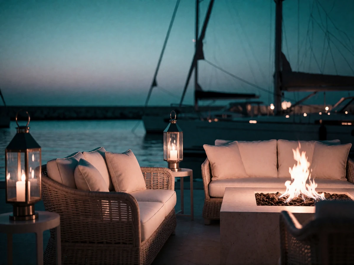 Open-air marina lounge at dusk with a lit fire table and sailboat masts against calm water, a favored San Diego meeting spot